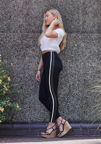 Black - Khaki High Waisted Zip Front Leggings