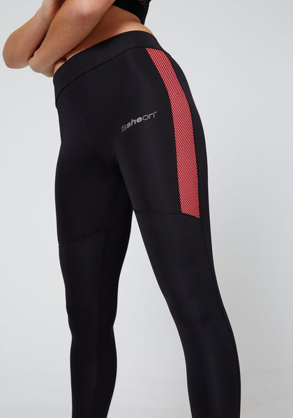 Black - Red Mesh Detail Side Sports Leggings, Leggings