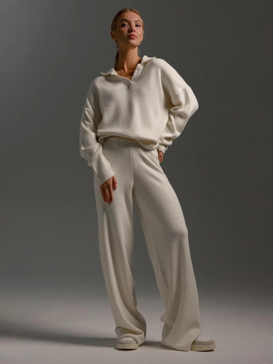 2 Pcs Knitted Polo Neck Sweater & Wide Leg Joggers Set