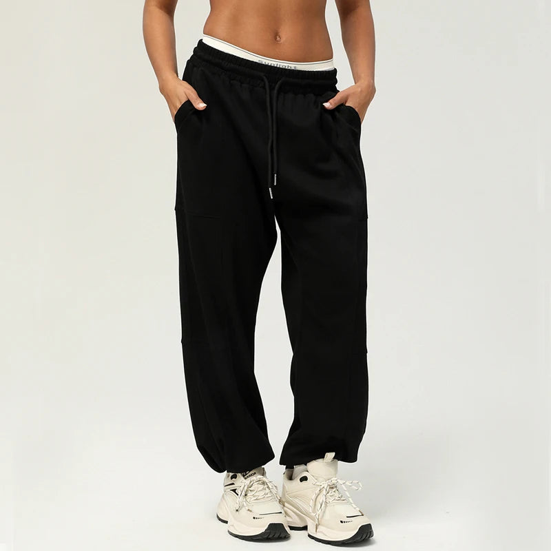 Black Breathable Drawstring Waist Loose Joggers