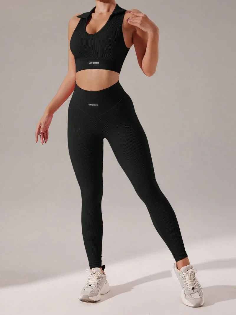 2 Pieces Seamless Neck Detail Sports Bra & Hip Lifting Leggings Set