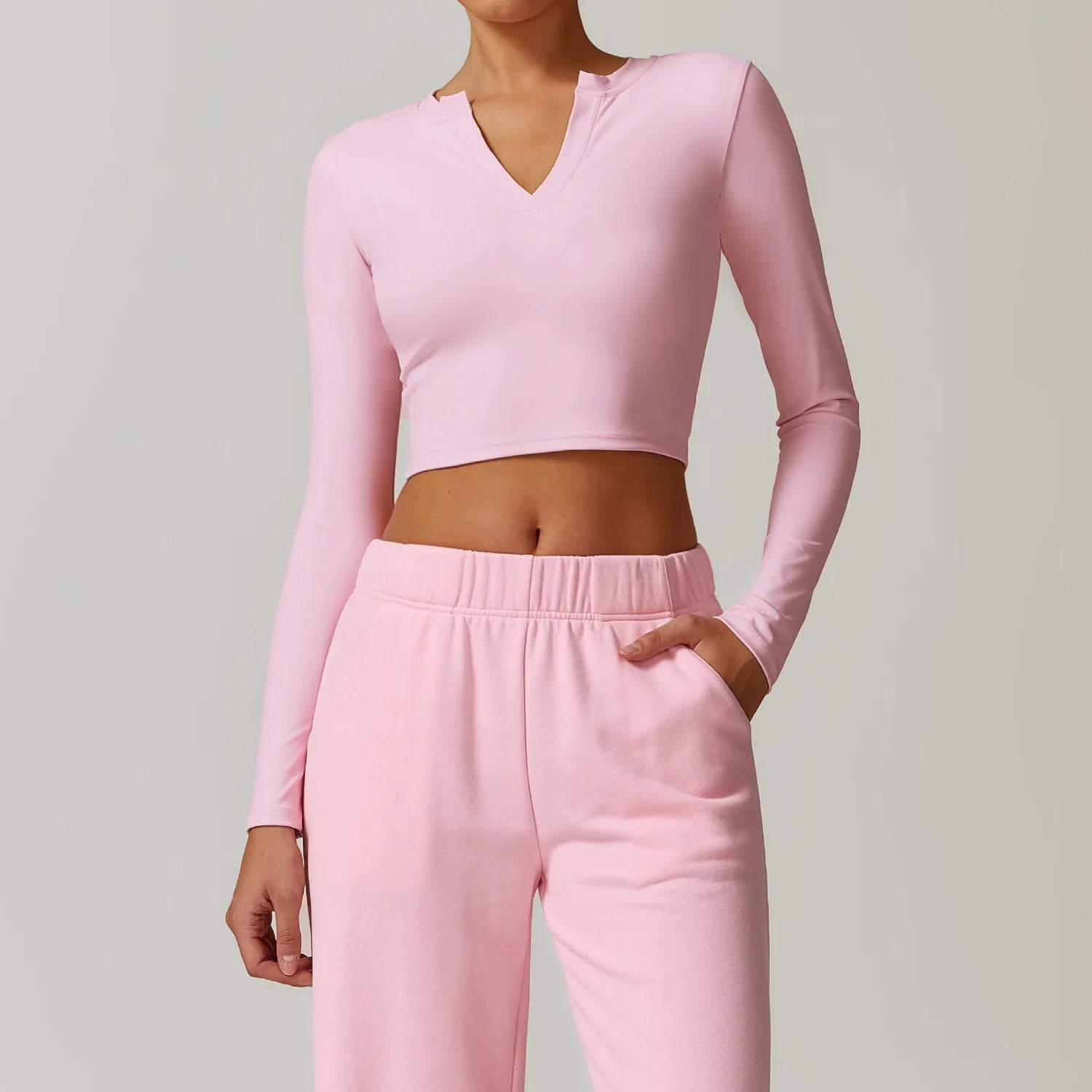 Long Sleeve Quick Dry V Neck Cropped Top