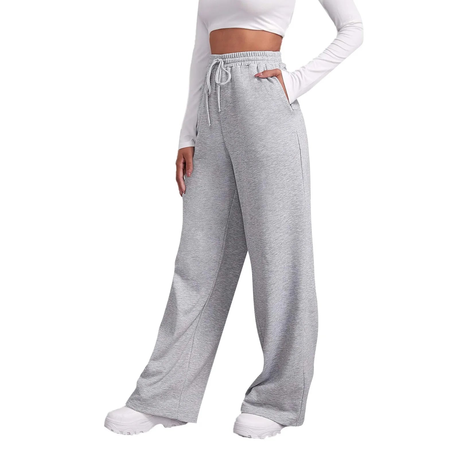 Women's Winter Wide-Leg Sweatpants - Solid Color High Waist Casual Cargo Pants