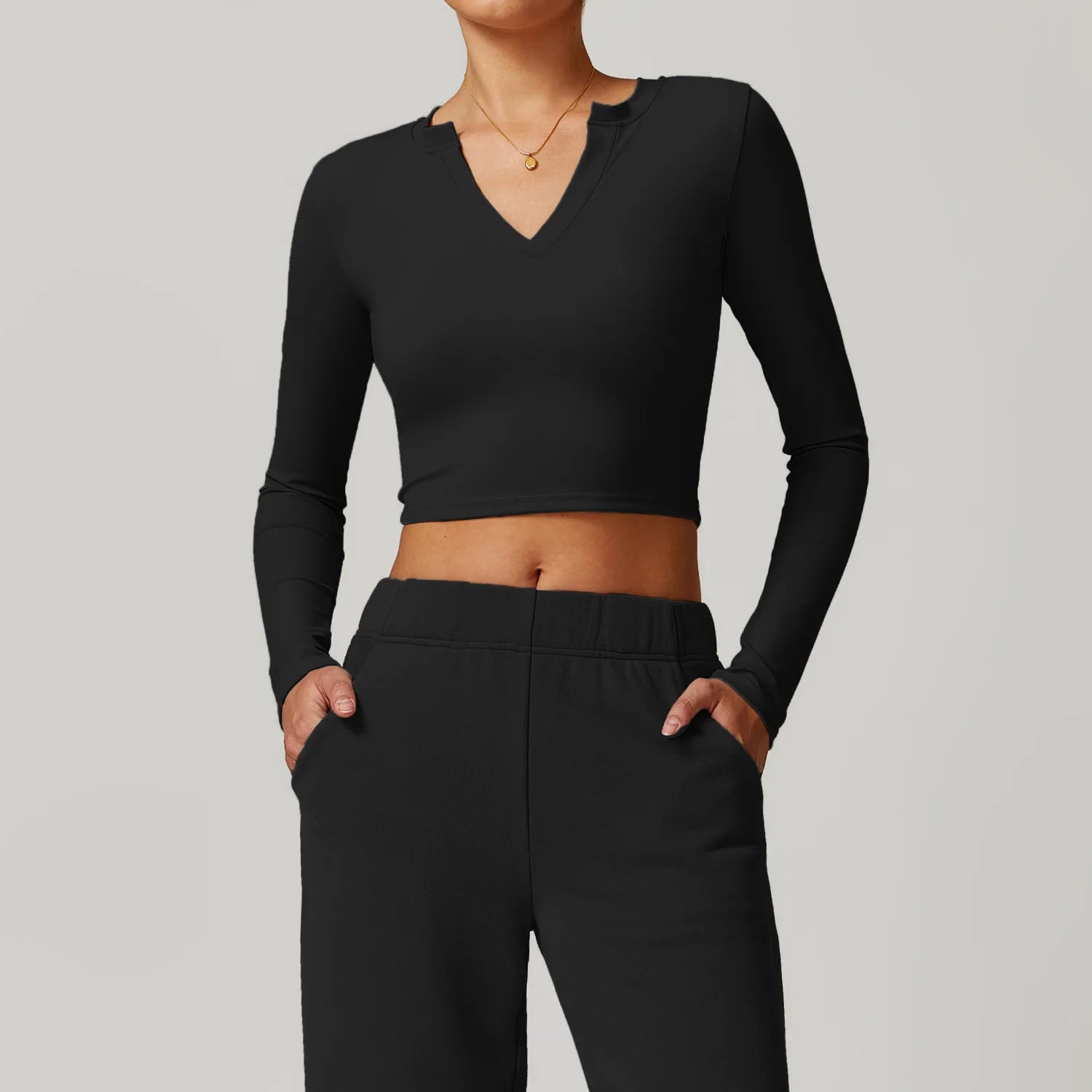 Long Sleeve Quick Dry V Neck Cropped Top