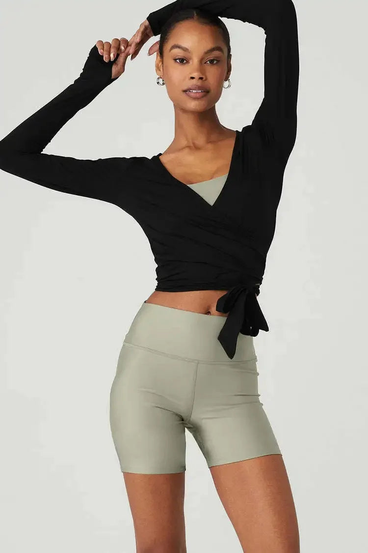 Long Sleeve Wrap Tie Front Crop Top