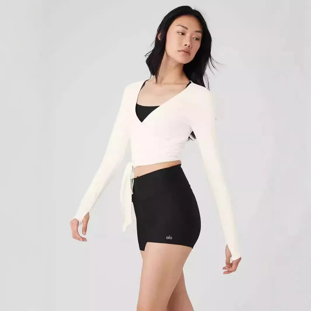 Long Sleeve Wrap Tie Front Crop Top