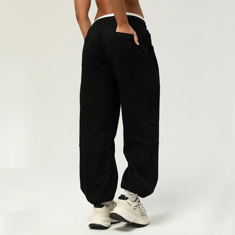 Black Breathable Drawstring Waist Loose Joggers