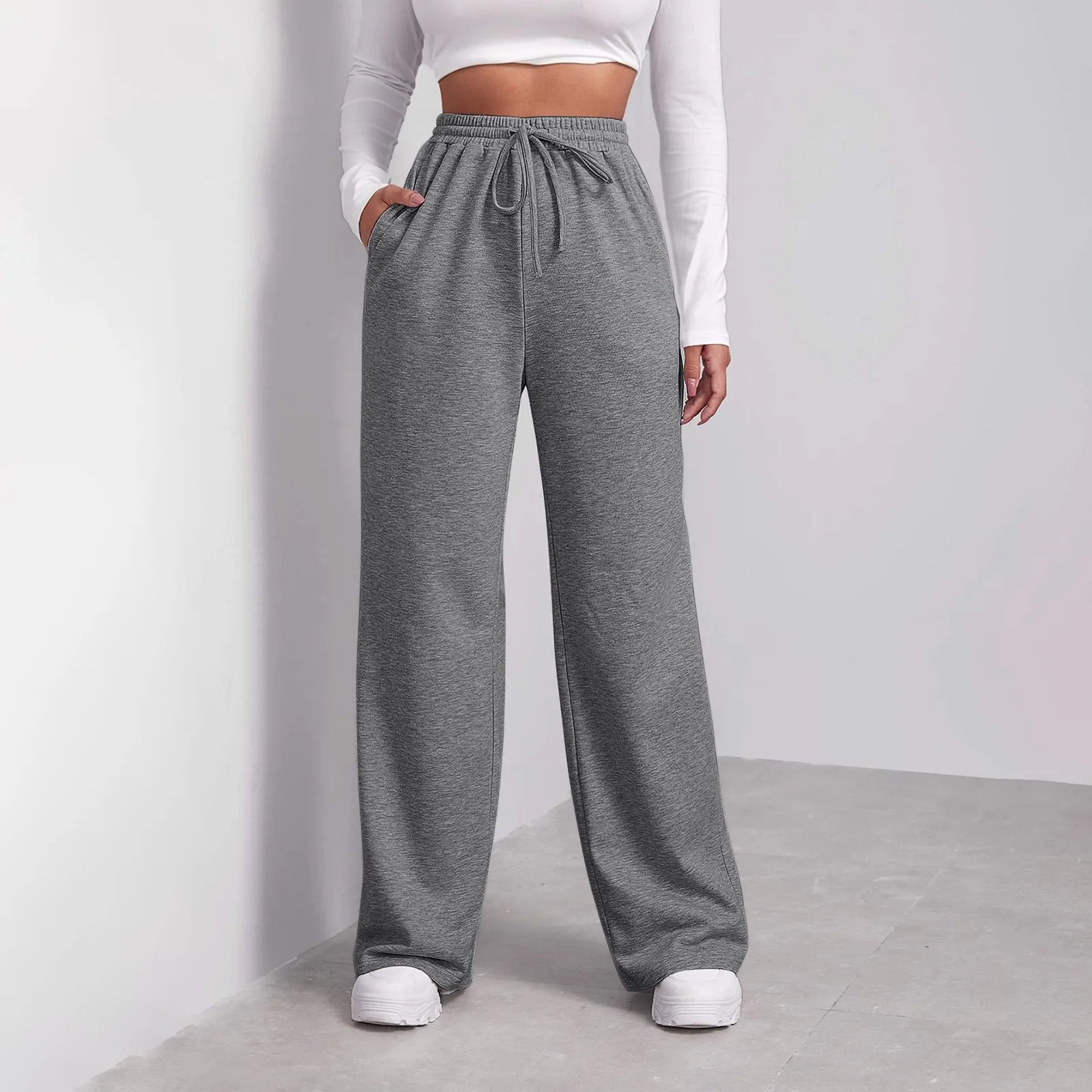 Women's Winter Wide-Leg Sweatpants - Solid Color High Waist Casual Cargo Pants