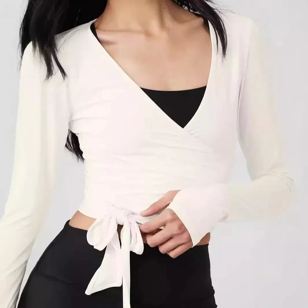 Long Sleeve Wrap Tie Front Crop Top