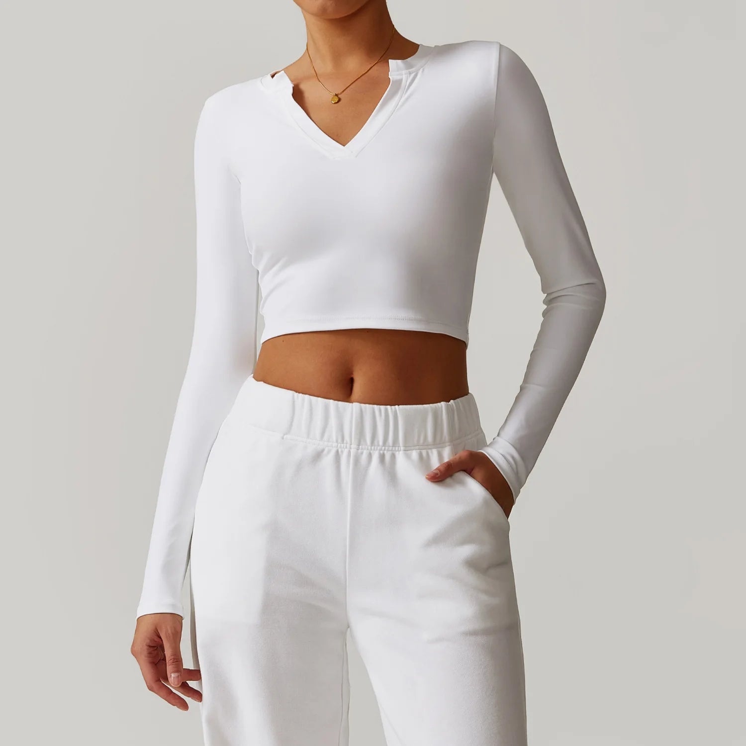 Long Sleeve Quick Dry V Neck Cropped Top