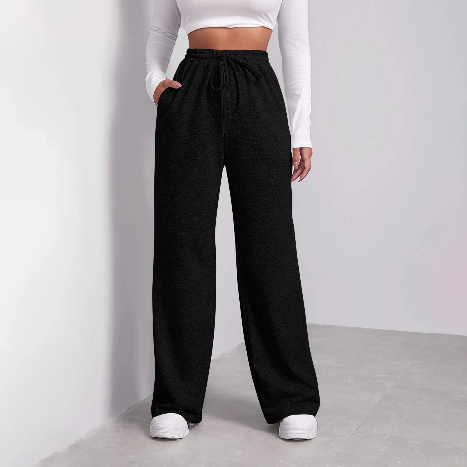 Women's Winter Wide-Leg Sweatpants - Solid Color High Waist Casual Cargo Pants