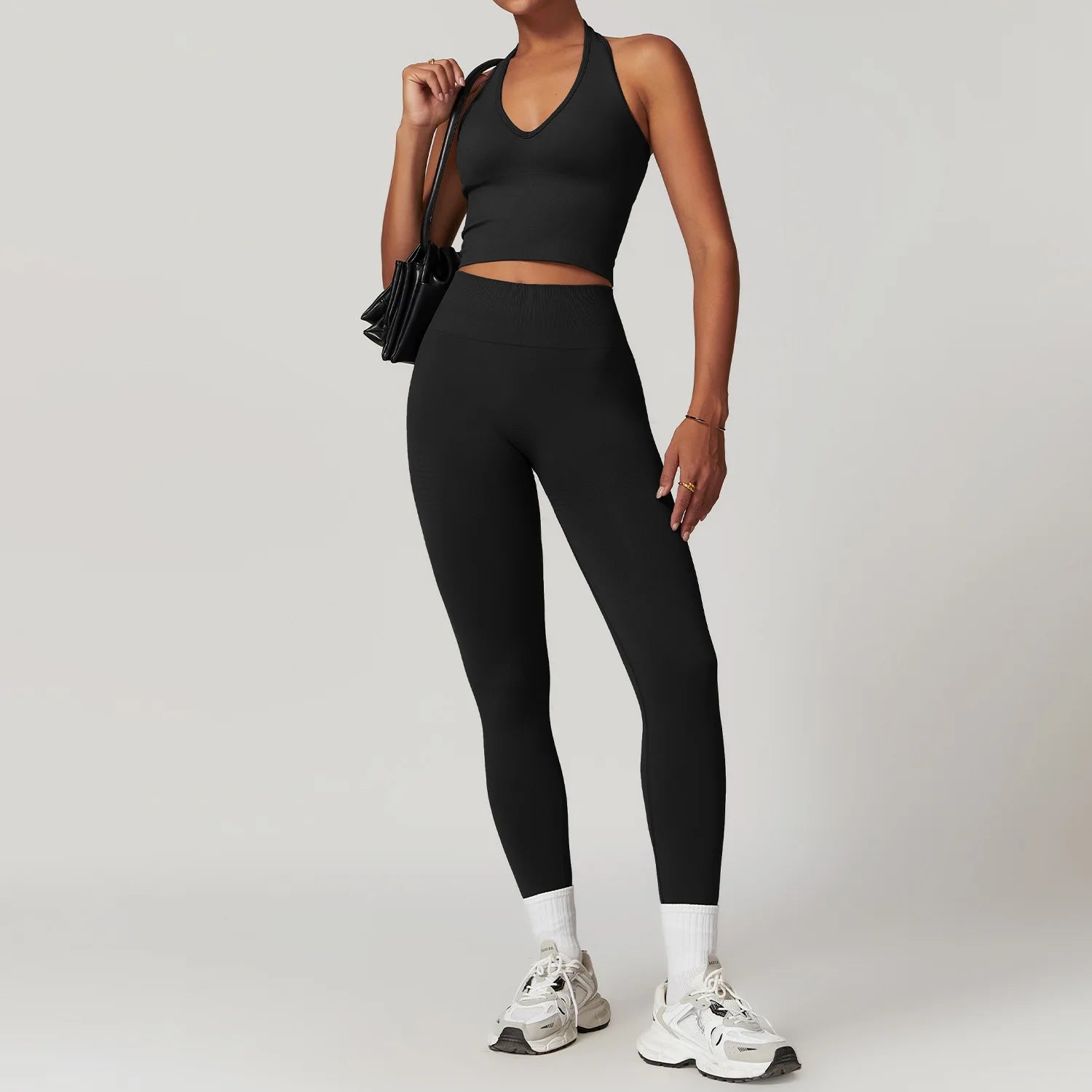 2 Pieces Seamless V Neck Crop Top & High Waisted Leggings