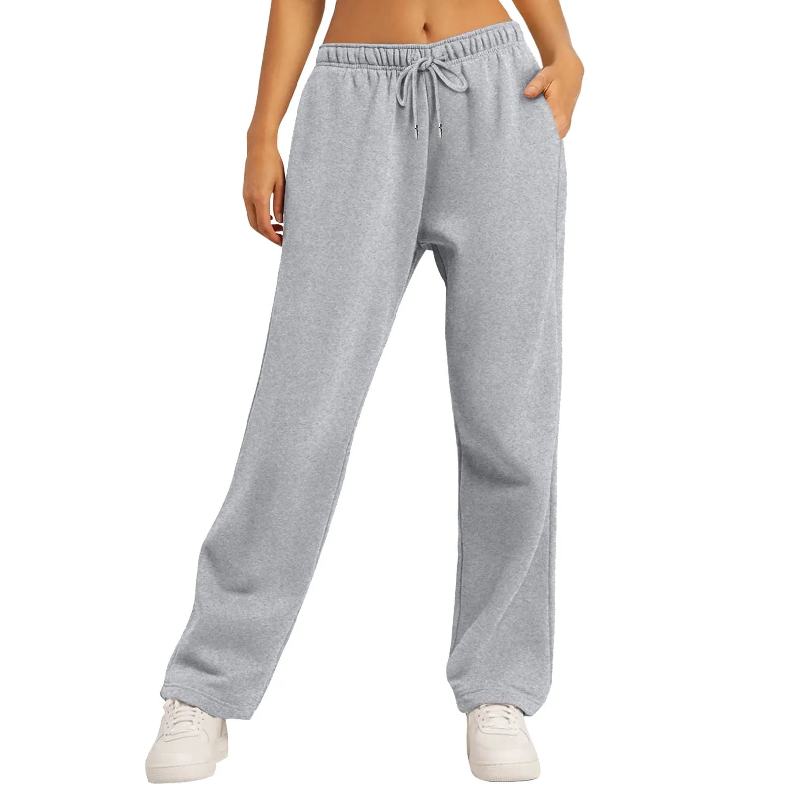 Women's Winter Wide-Leg Sweatpants - Solid Color High Waist Casual Cargo Pants