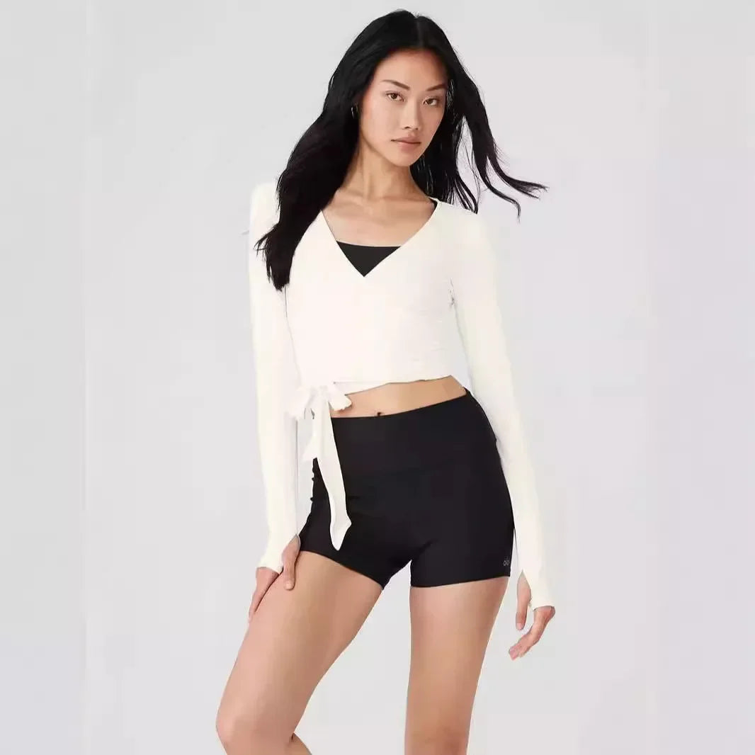 Long Sleeve Wrap Tie Front Crop Top