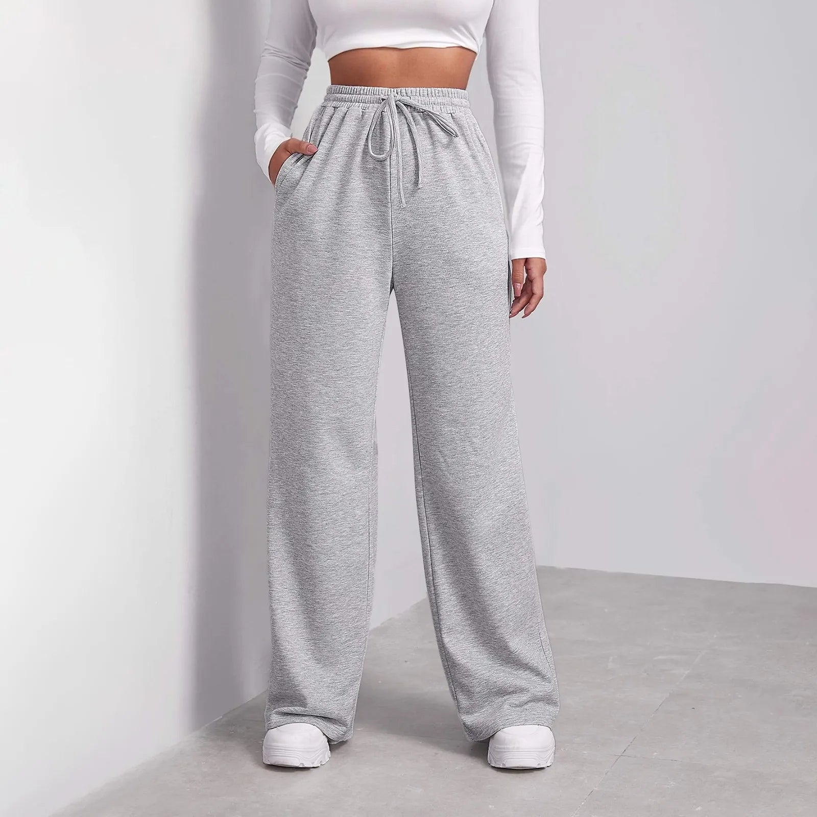 Women's Winter Wide-Leg Sweatpants - Solid Color High Waist Casual Cargo Pants