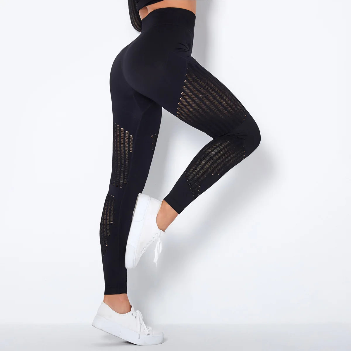 Black Hollow Out Seamless Mes Detail Gym Leggings & Crop Top Set