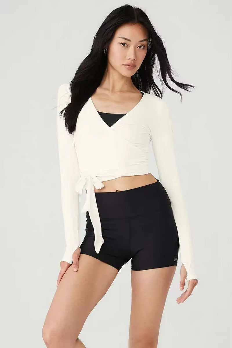 Long Sleeve Wrap Tie Front Crop Top