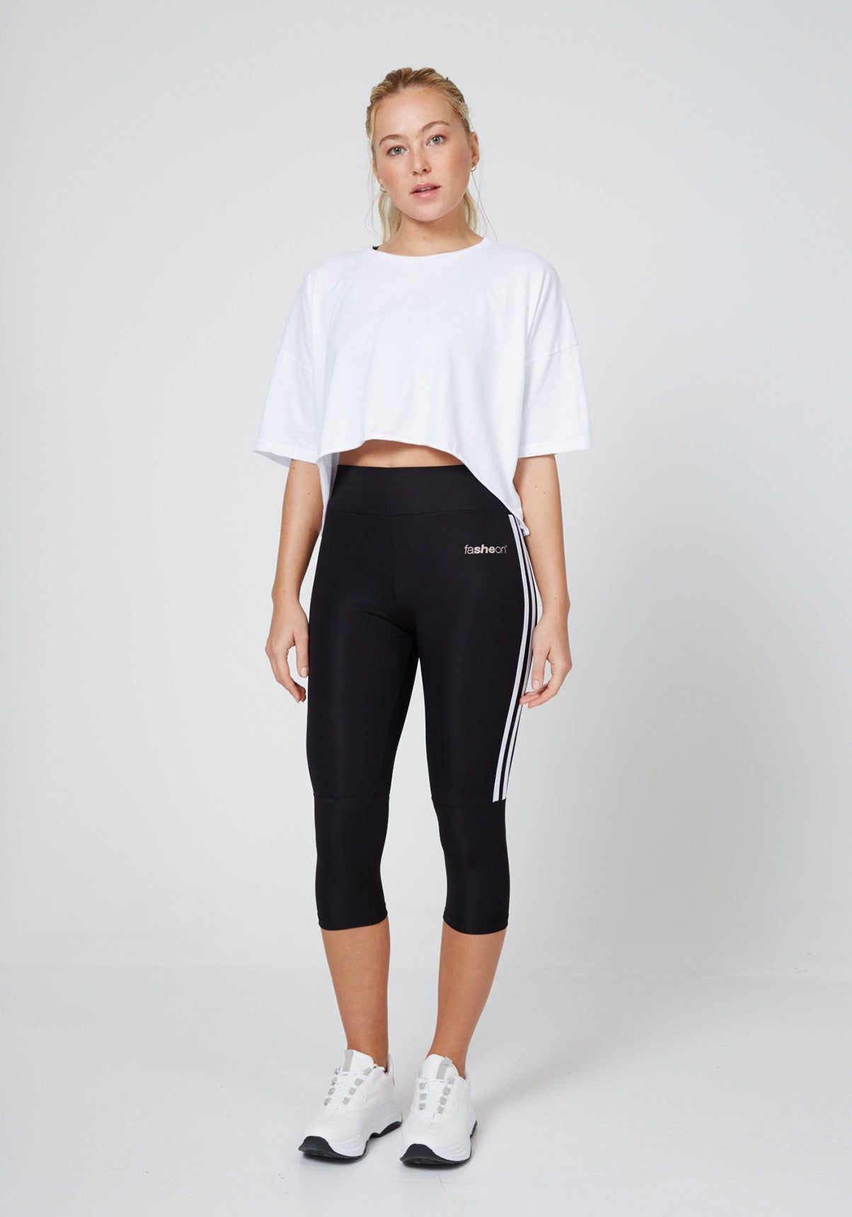 Full Look of Black - White Side Stripe Cropped Leggings