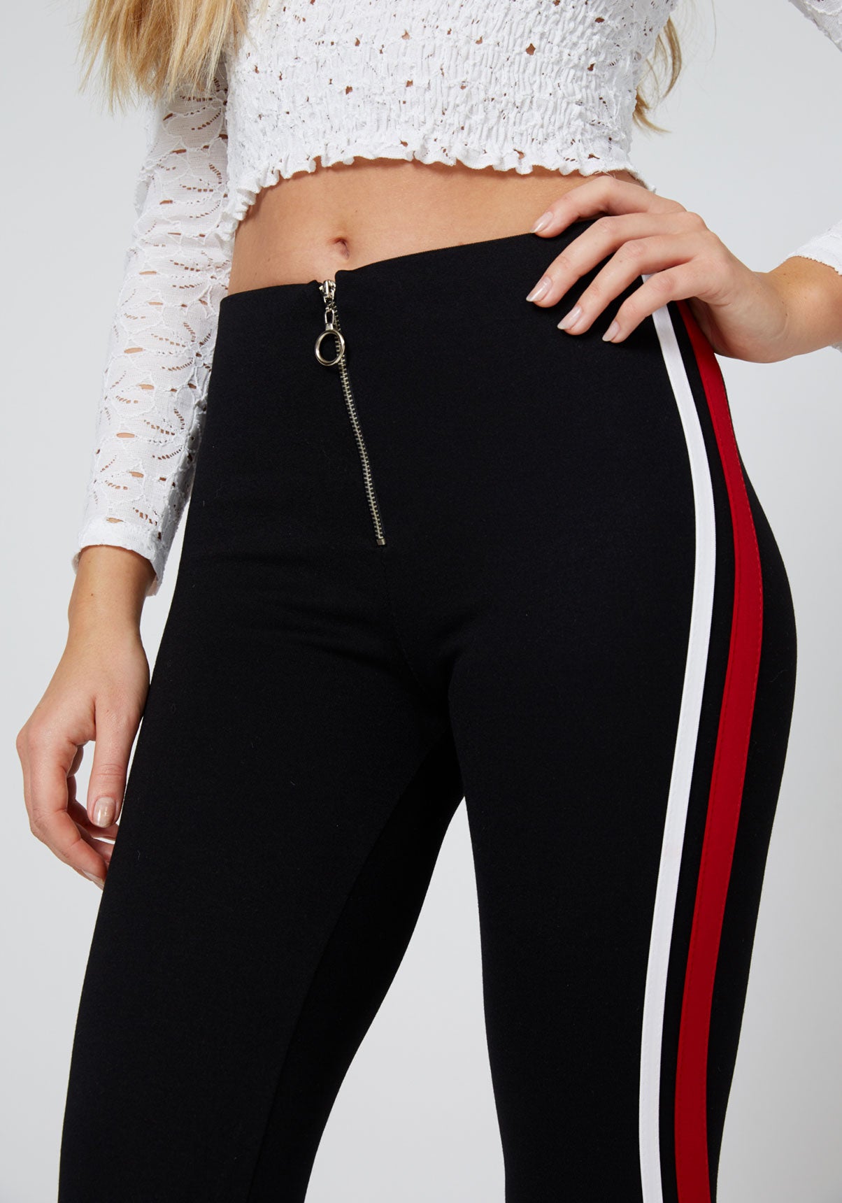 fasheon Black High Waisted Zip Front Side Stripe Leggings