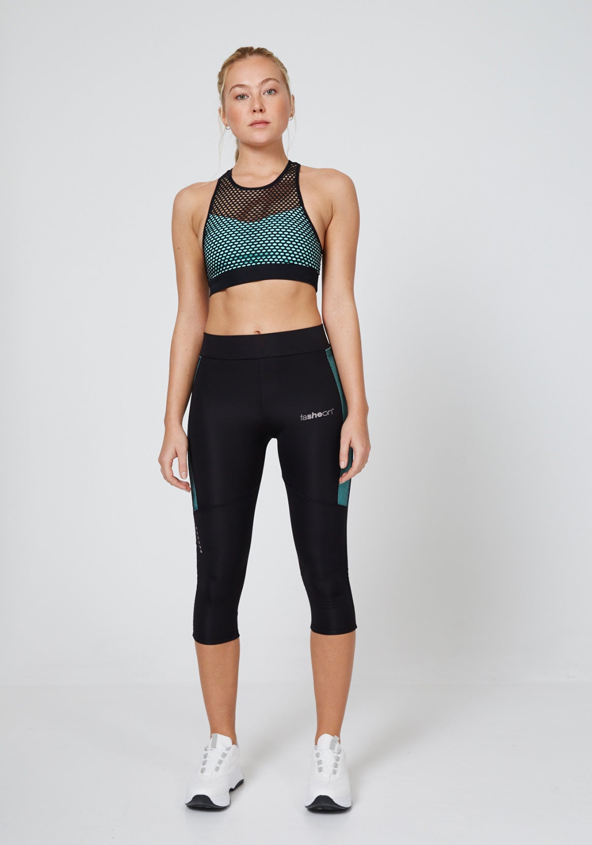 Black-Blue Fishnet Side Cropped Gym Leggings for Women - Front Look