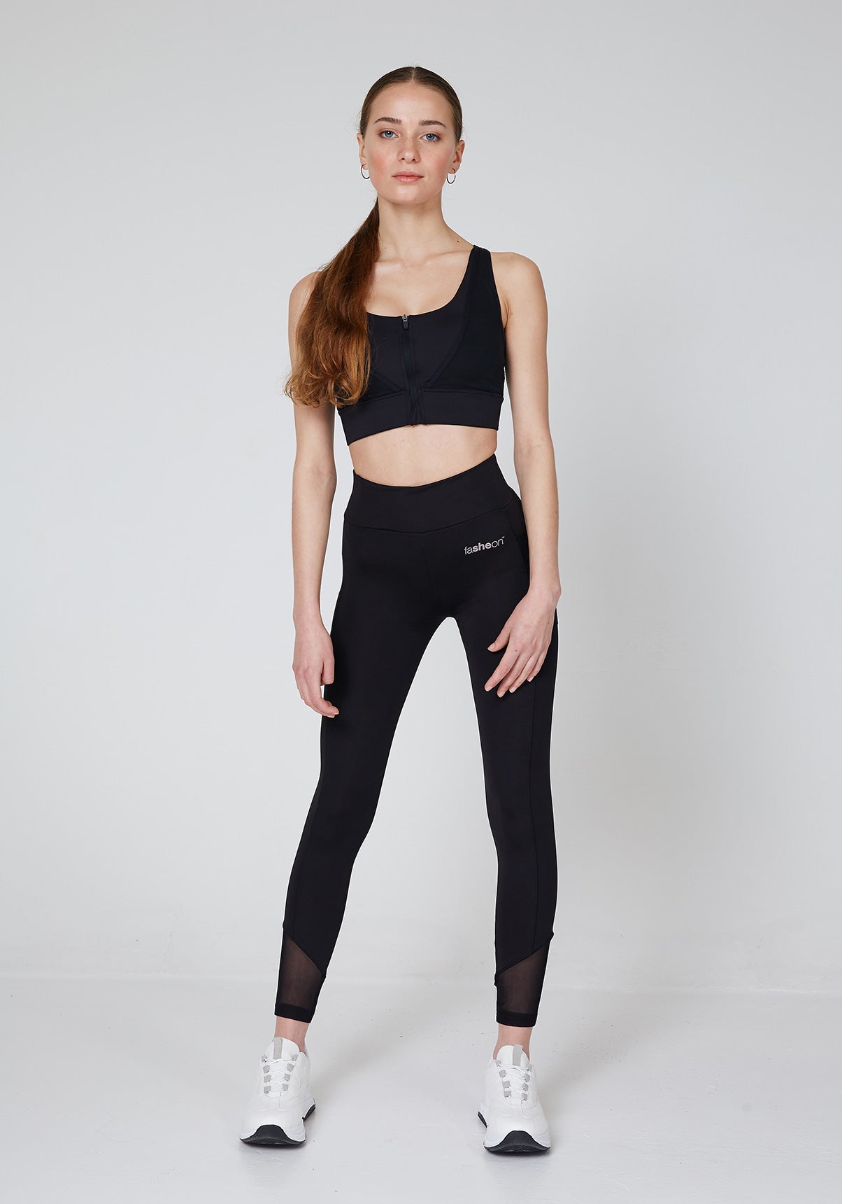 Front Look of Black Side Pocket Mesh Bottom Sports Leggings