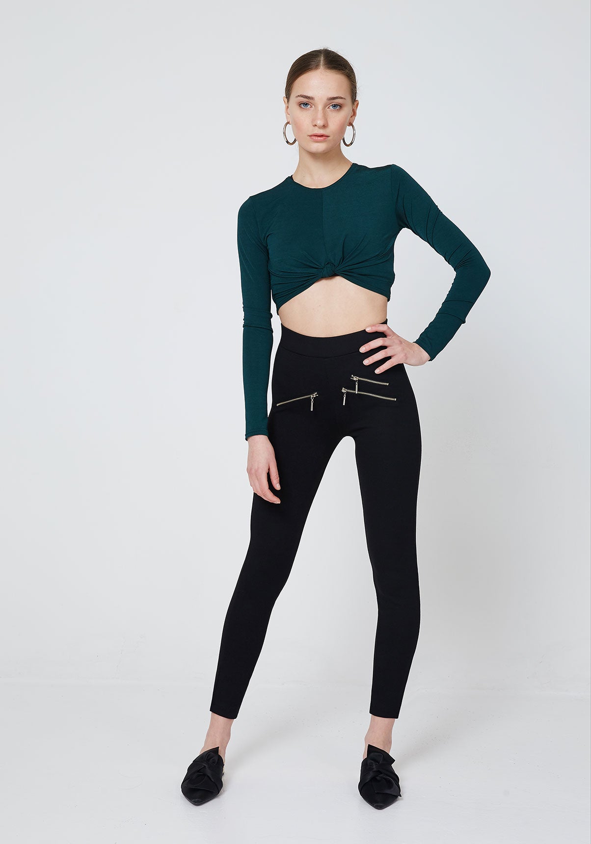 Front Look of Black High Waist Triple Zip Pocket Leggings