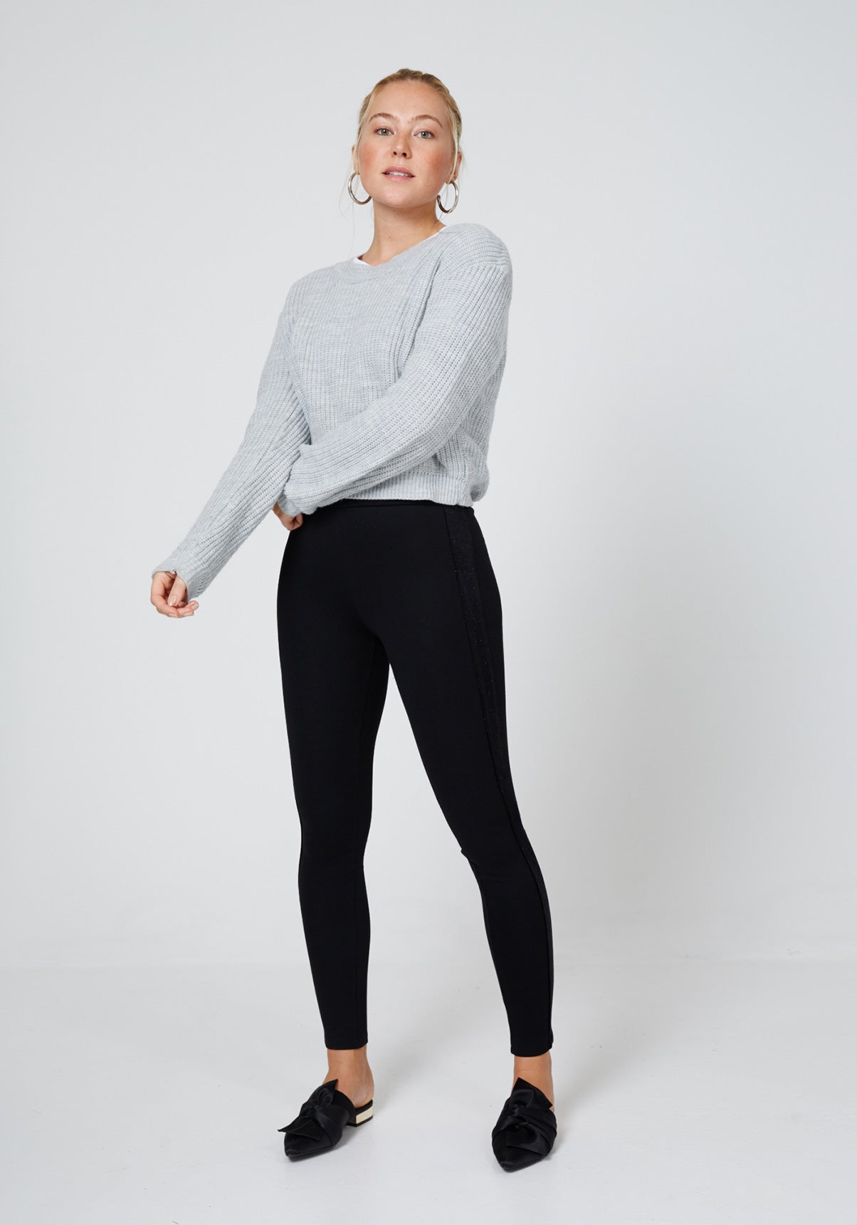 Front Look of Black Glitter Side Panel High Waisted Leggings for Women 