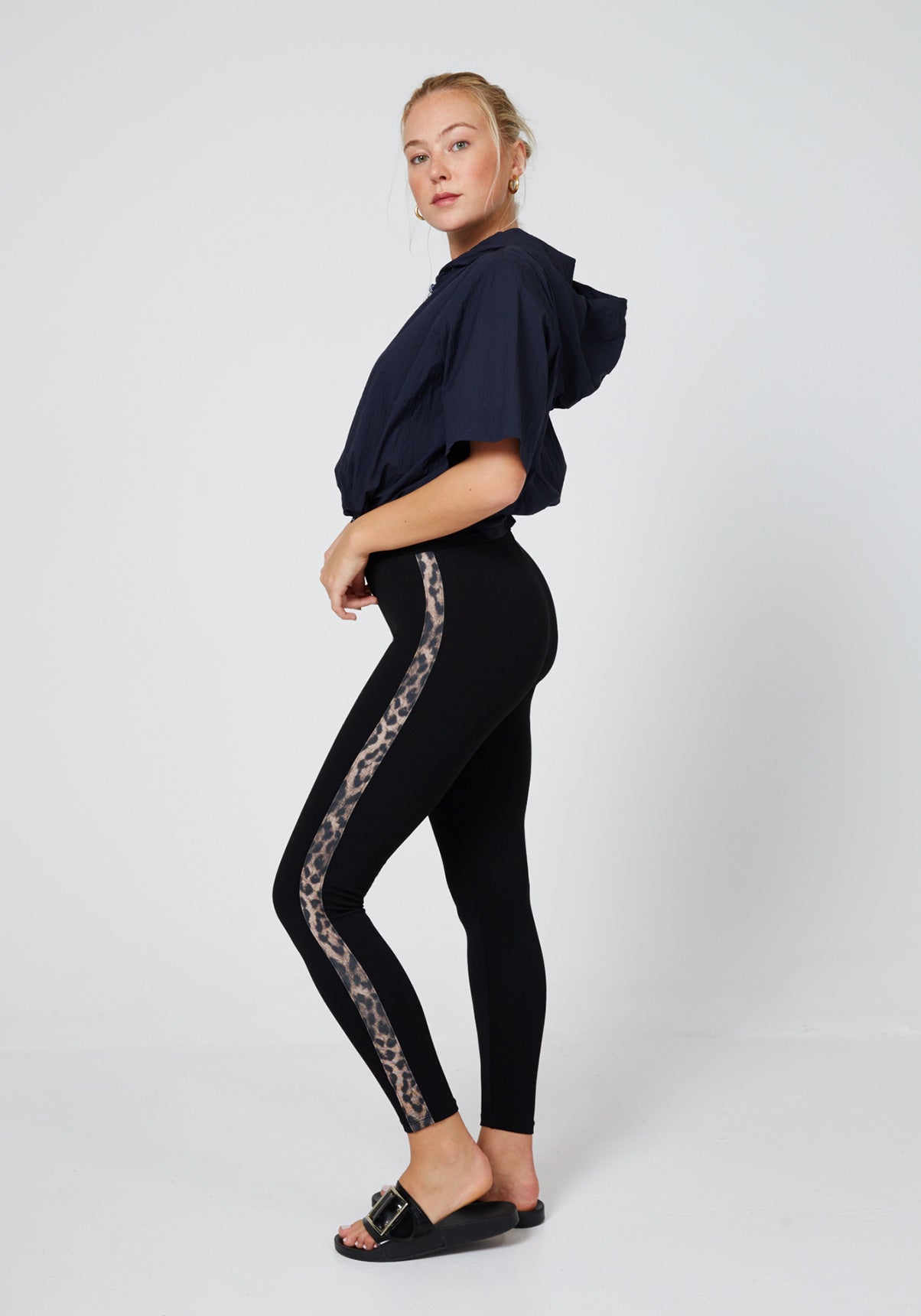 Side Look of Black Leopard Side Leggings for women