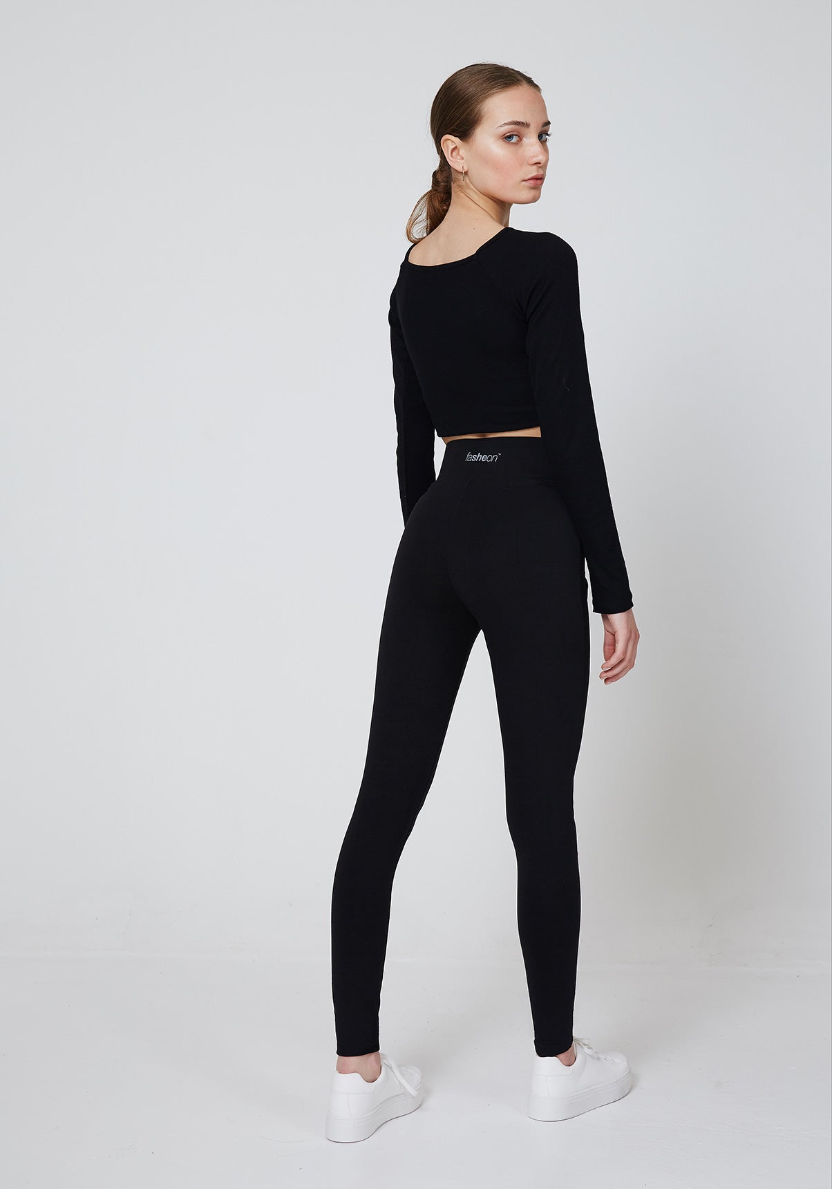 Back Look of Black Waistband Back Slogan Leggings