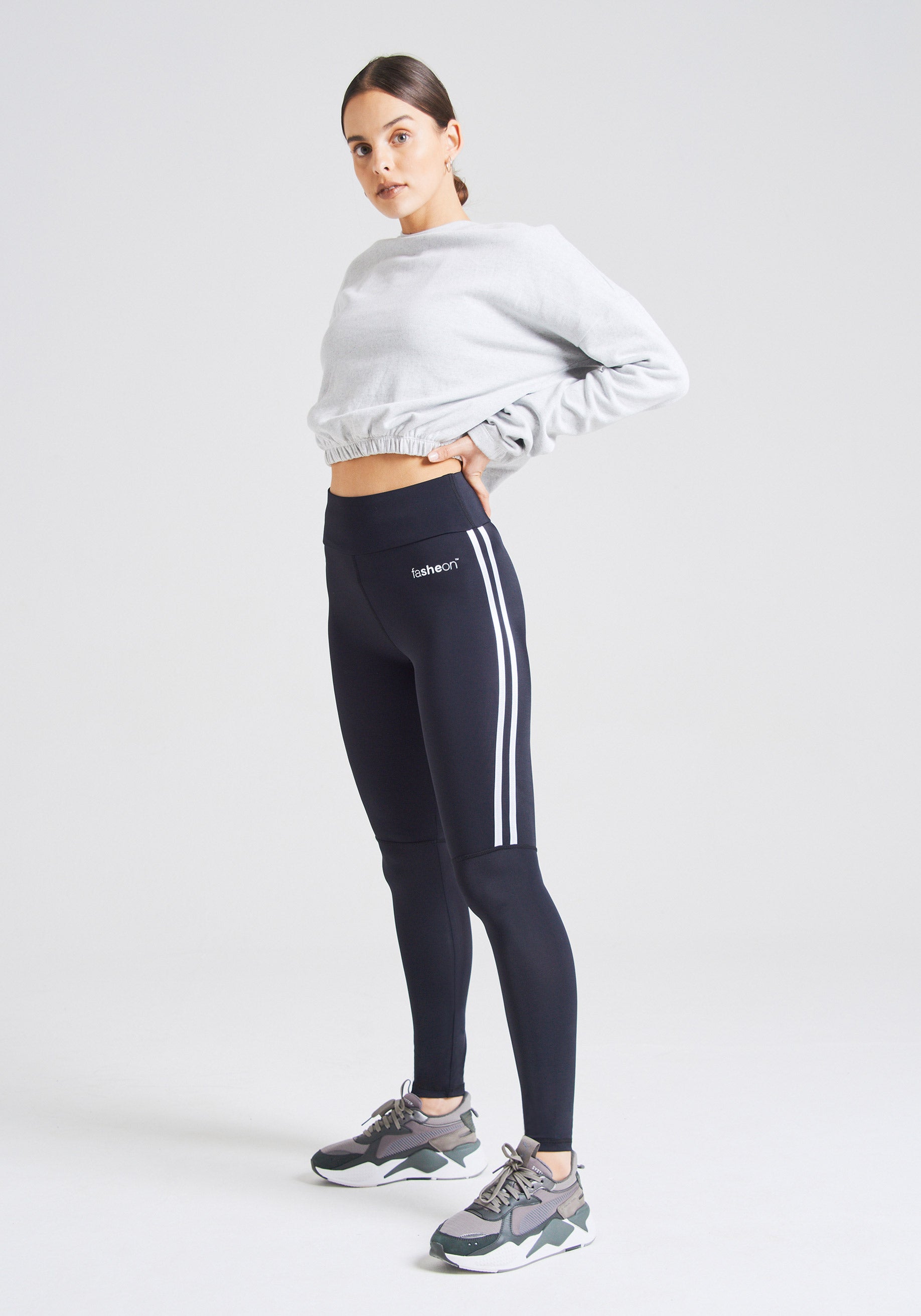 fasheon Black High Waisted Double Side Stripe Gym Leggings